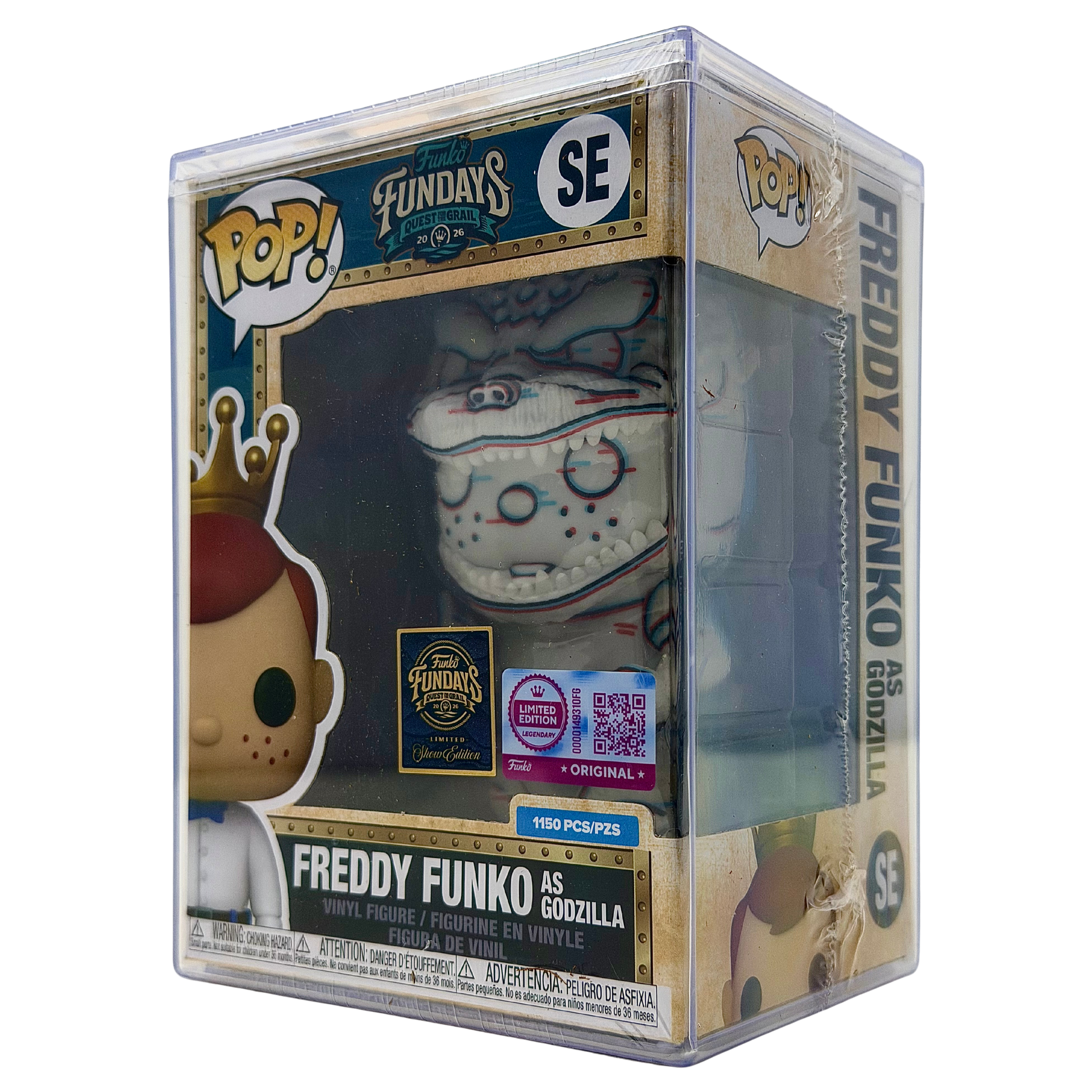 Front right angle in-box view of Freddy Funko as Godzilla SE Legendary Limited Edition 1,150 PCS from Godzilla and Funko Fundays 2026
