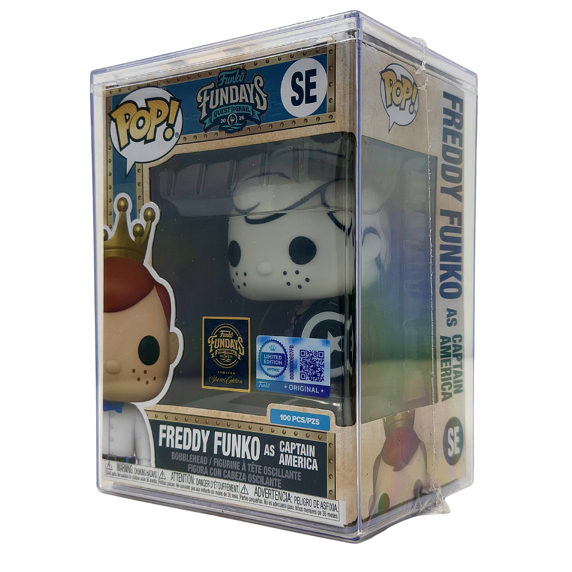 Front right angle in-box view of Freddy Funko as Captain America SE Mythic Limited Edition 100 PCS from Marvel and Funko Fundays 2026