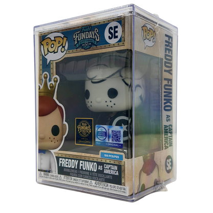 Front right angle in-box view of Freddy Funko as Captain America SE Mythic Limited Edition 100 PCS from Marvel and Funko Fundays 2026