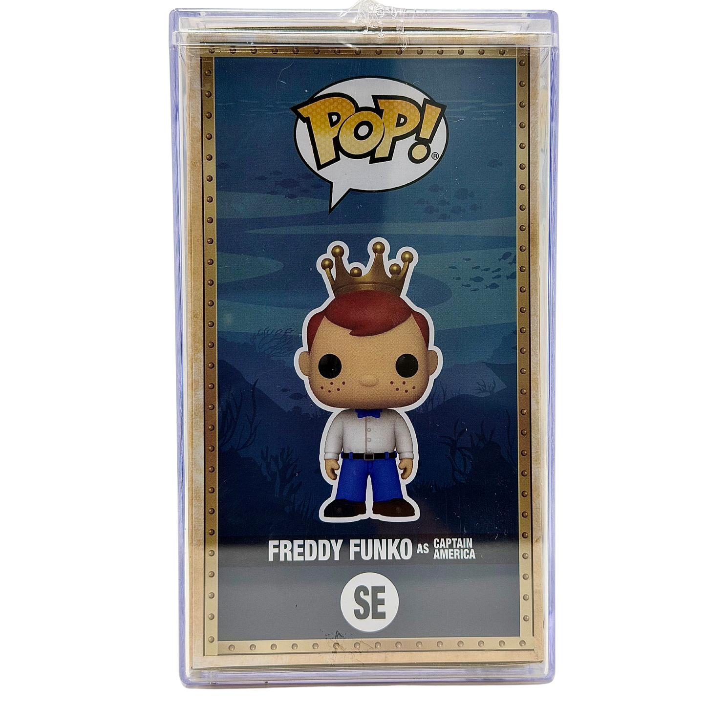 Left-side in-box view of Freddy Funko as Captain America SE Mythic Limited Edition 100 PCS from Marvel and Funko Fundays 2026