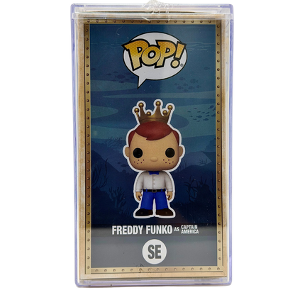 Left-side in-box view of Freddy Funko as Captain America SE Mythic Limited Edition 100 PCS from Marvel and Funko Fundays 2026