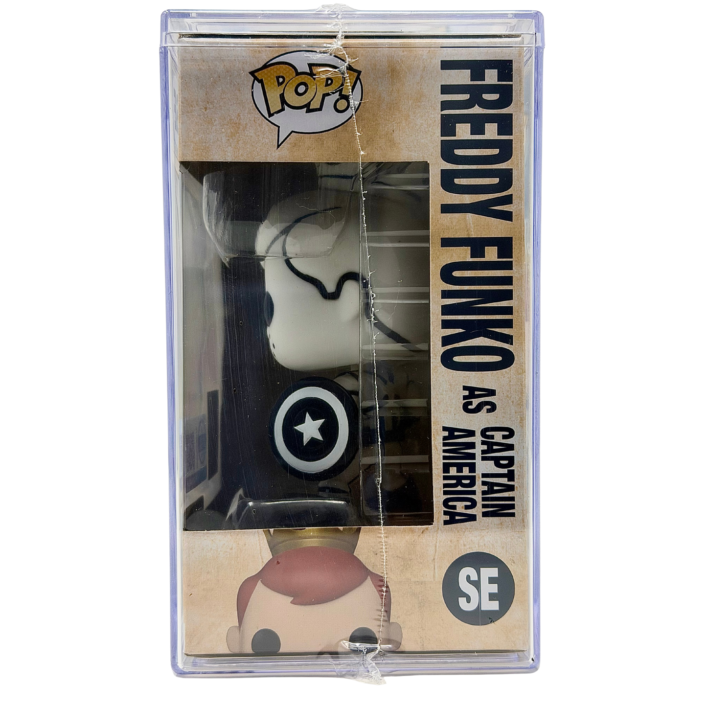 Right-side in-box view of Freddy Funko as Captain America SE Mythic Limited Edition 100 PCS from Marvel and Funko Fundays 2026
