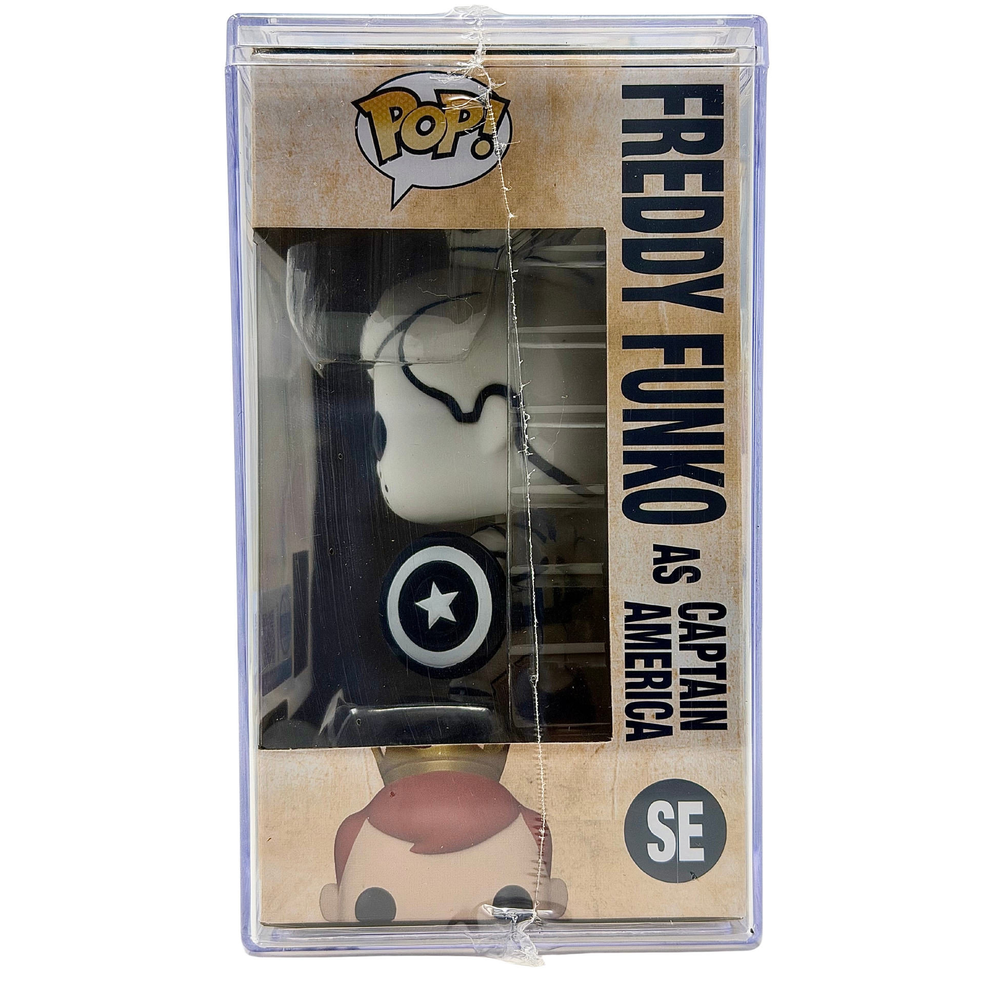 Right-side in-box view of Freddy Funko as Captain America SE Mythic Limited Edition 100 PCS from Marvel and Funko Fundays 2026