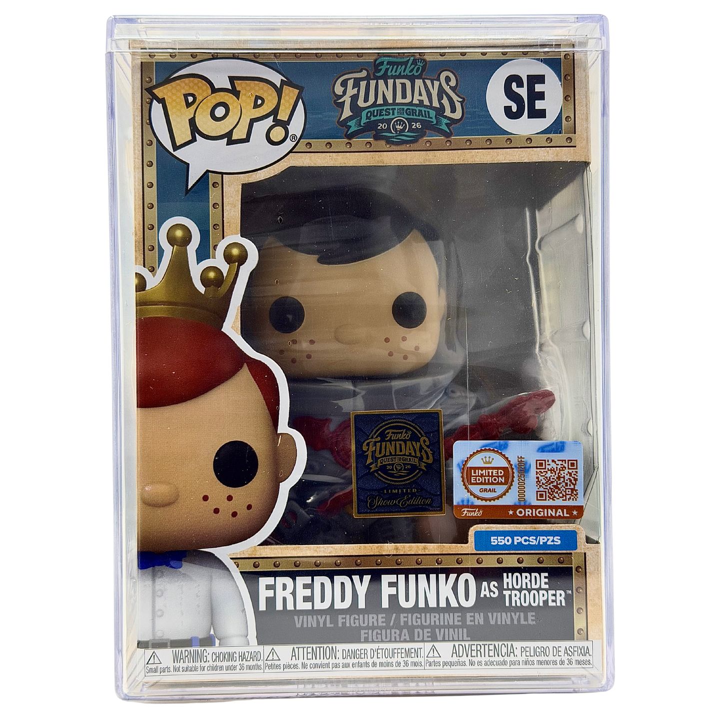 Front in-box view of Freddy Funko as Horde Trooper SE Grail Limited Edition 550 PCS from Masters of the Universe and Funko Fundays 2026