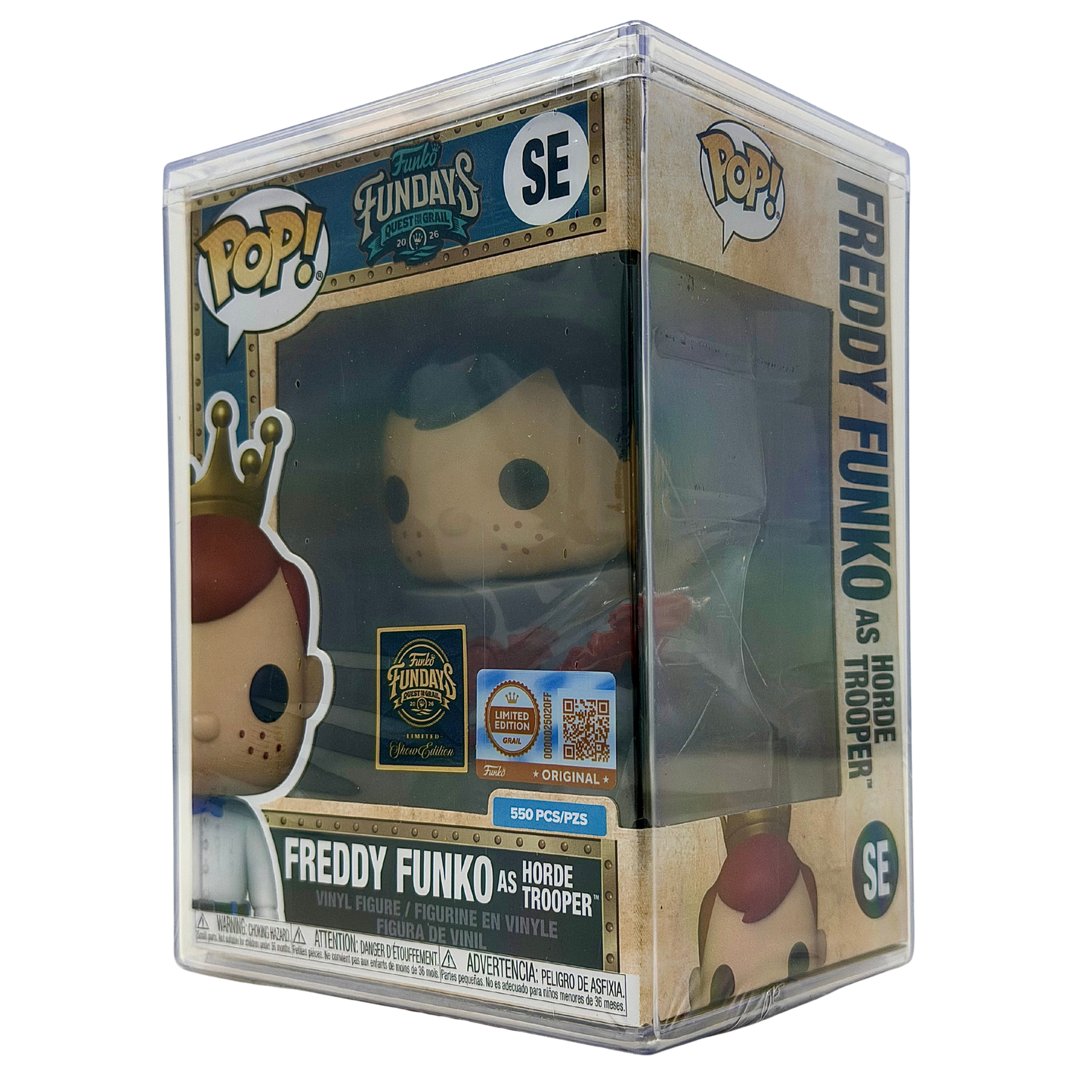 Front right angle in-box view of Freddy Funko as Horde Trooper SE Grail Limited Edition 550 PCS from Masters of the Universe and Funko Fundays 2026