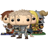 Delicious in Dungeon Funko Pop party set featuring Laios, Marcille, Chilchuck, and Senshi displayed outside packaging.