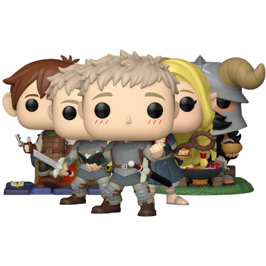 Delicious in Dungeon Funko Pop party set featuring Laios, Marcille, Chilchuck, and Senshi displayed outside packaging.