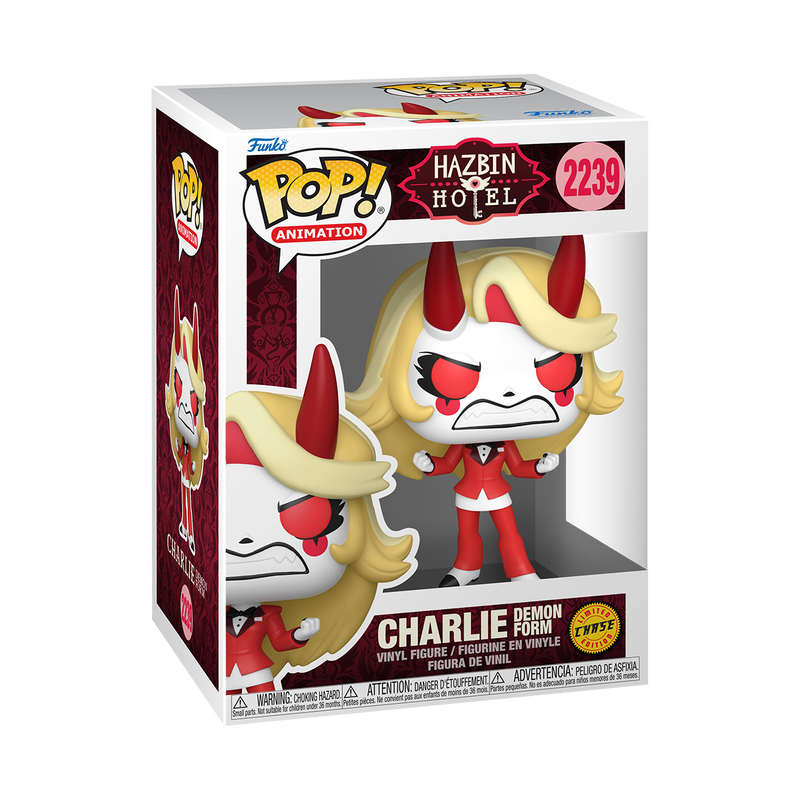 Funko Pop Charlie Morningstar #2239 Chase from Hazbin Hotel, shown inside original Funko packaging.