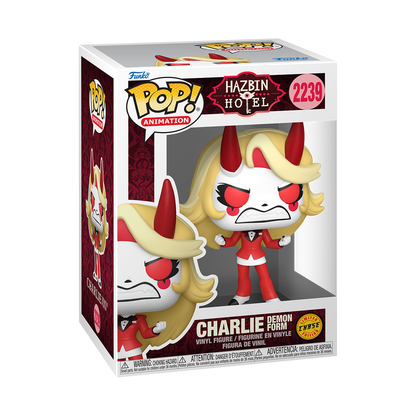 Funko Pop Charlie Morningstar #2239 Chase from Hazbin Hotel, shown inside original Funko packaging.