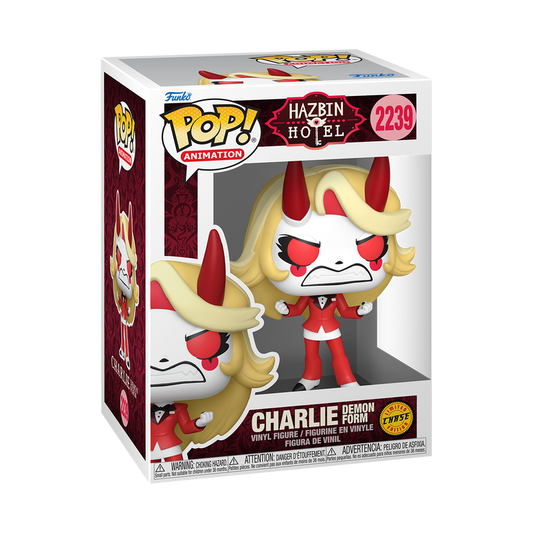Funko Pop Charlie Morningstar #2239 Chase from Hazbin Hotel, shown inside original Funko packaging.