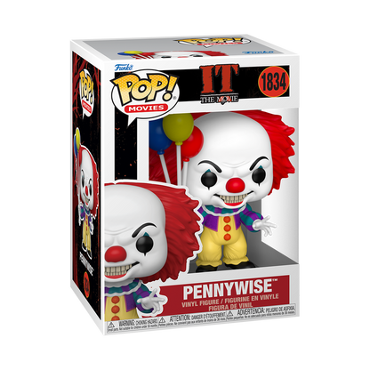 Funko Pop Pennywise #1834 from IT the Movie (1990), shown inside original Funko packaging.