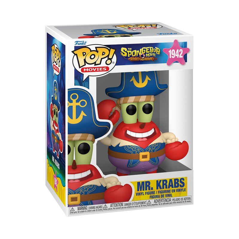 Funko Pop Mr. Krabs Pirate #1942 from The SpongeBob Movie Search for SquarePants, shown inside original Funko packaging.