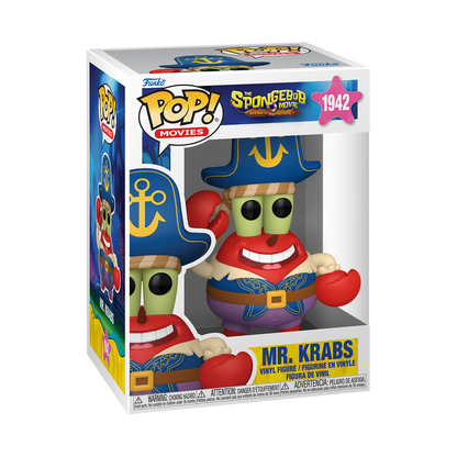 Funko Pop Mr. Krabs Pirate #1942 from The SpongeBob Movie Search for SquarePants, shown inside original Funko packaging.