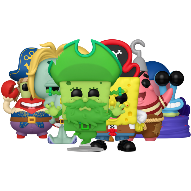 Funko Pop SpongeBob Movie Search for SquarePants complete set featuring SpongeBob, Patrick, Squidward, Mr. Krabs, Gary, and Flying Dutchman variants displayed outside packaging.