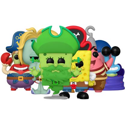 Funko Pop SpongeBob Movie Search for SquarePants complete set featuring SpongeBob, Patrick, Squidward, Mr. Krabs, Gary, and Flying Dutchman variants displayed outside packaging.