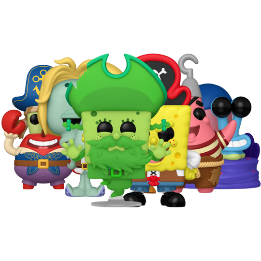 Funko Pop SpongeBob Movie Search for SquarePants complete set featuring SpongeBob, Patrick, Squidward, Mr. Krabs, Gary, and Flying Dutchman variants displayed outside packaging.
