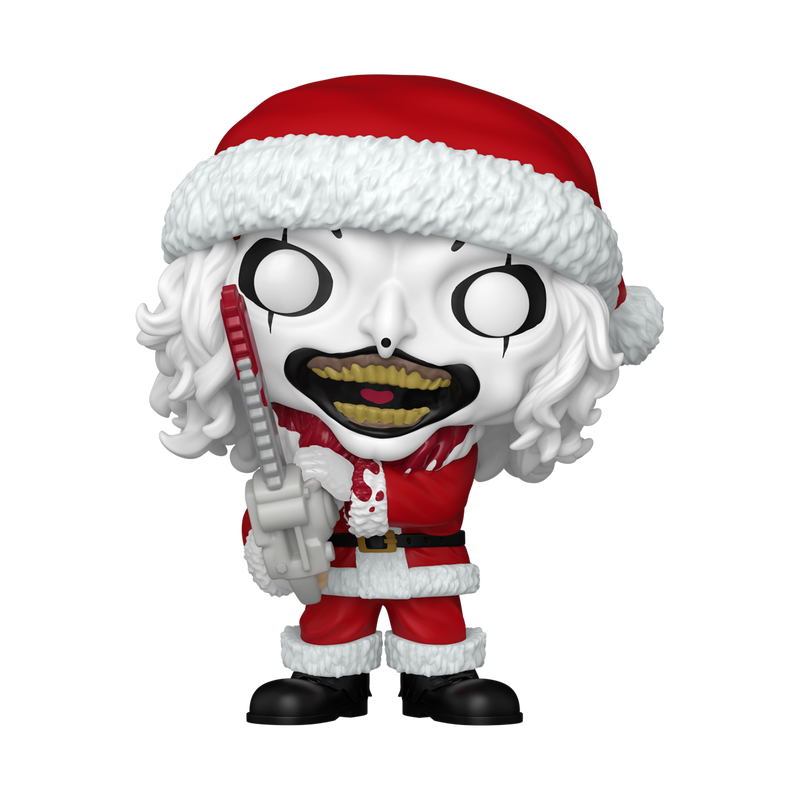 Funko Pop Art the Clown with Chainsaw Bloody #1990 Funko Exclusive from Terrifier 3, shown inside original Funko packaging with exclusive sticker.
