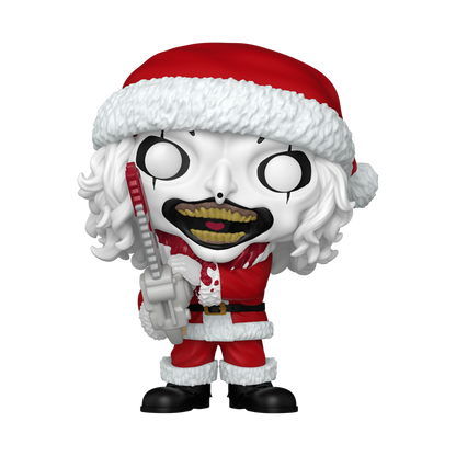 Funko Pop Art the Clown with Chainsaw Bloody #1990 Funko Exclusive from Terrifier 3, shown inside original Funko packaging with exclusive sticker.