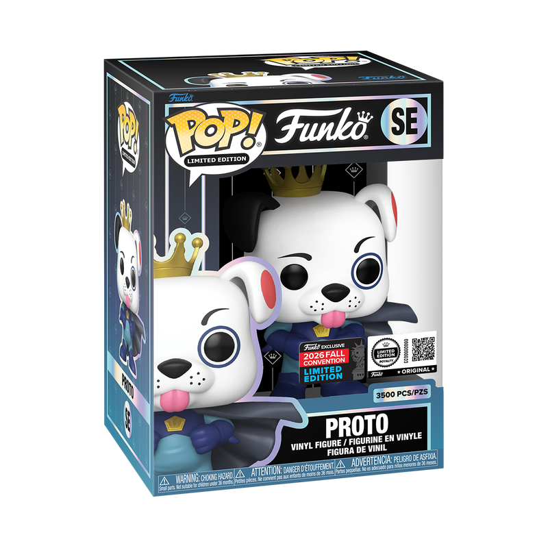 Stock photo of Funko Pop! Proto (Superhero) Royalty NYCC 2026 shared-sticker edition in box.