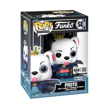 Stock photo of Funko Pop! Proto (Superhero) Royalty NYCC 2026 shared-sticker edition in box.