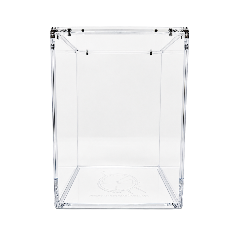 Front view of the Funko Slayer Armor display case designed for standard 4-inch Funko Pop! protectors with a magnetic stacking lid.