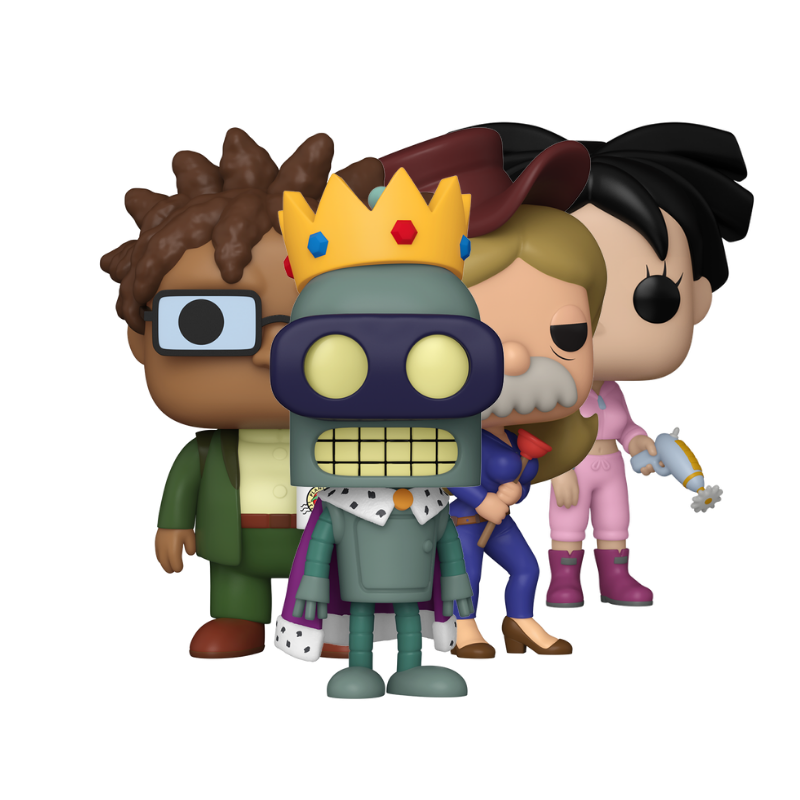 Futurama Funko Pop! set stock photo out-of-box Super King Bender 2211 Hermes Conrad 2208 Amy Wong 2209 and Sexy Scruffy 2210
