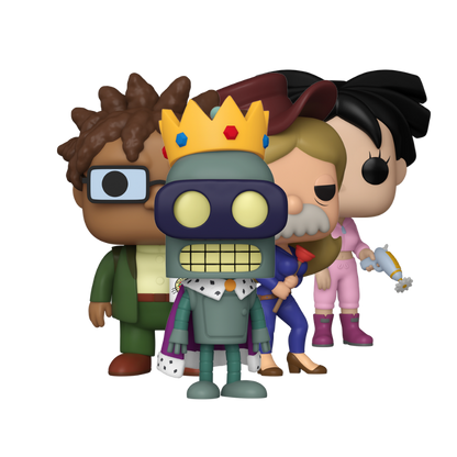 Futurama Funko Pop! set stock photo out-of-box Super King Bender 2211 Hermes Conrad 2208 Amy Wong 2209 and Sexy Scruffy 2210

