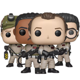 Ghostbusters 35 Anniversary Funko Pop set stock photo out of box figures featuring Dr. Peter Venkman #744, Dr. Raymond Stantz #745, Dr. Egon Spengler #743, and Winston Zeddemore #746

