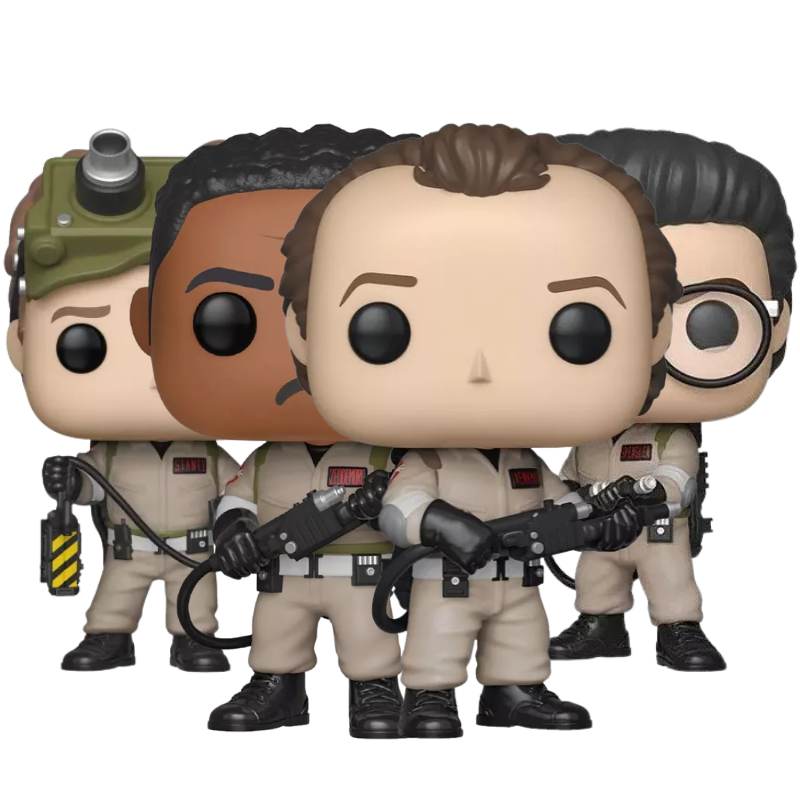 Ghostbusters 35 Anniversary Funko Pop set stock photo out of box figures featuring Dr. Peter Venkman #744, Dr. Raymond Stantz #745, Dr. Egon Spengler #743, and Winston Zeddemore #746
