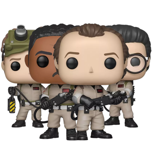 Ghostbusters 35 Anniversary Funko Pop set stock photo out of box figures featuring Dr. Peter Venkman #744, Dr. Raymond Stantz #745, Dr. Egon Spengler #743, and Winston Zeddemore #746
