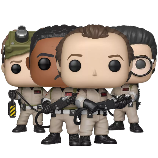 Ghostbusters 35 Anniversary Funko Pop set stock photo out of box figures featuring Dr. Peter Venkman #744, Dr. Raymond Stantz #745, Dr. Egon Spengler #743, and Winston Zeddemore #746
