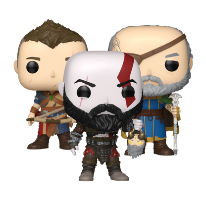 God of War Ragnarok Funko Pop! set with Kratos with Mimir's Head Atreus and Odin stock photo out-of-box