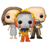 Halloween II Funko Pop! set stock photo out-of-box featuring Michael Myers on Fire, Laurie Strode, and Dr. Samuel Loomis