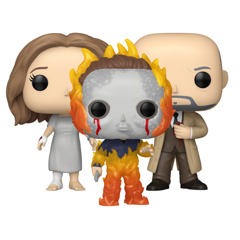 Halloween II Funko Pop! set stock photo out-of-box featuring Michael Myers on Fire, Laurie Strode, and Dr. Samuel Loomis