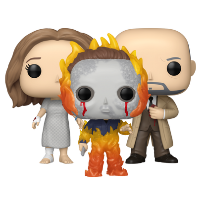 Halloween II Funko Pop! set stock photo out-of-box featuring Michael Myers on Fire, Laurie Strode, and Dr. Samuel Loomis