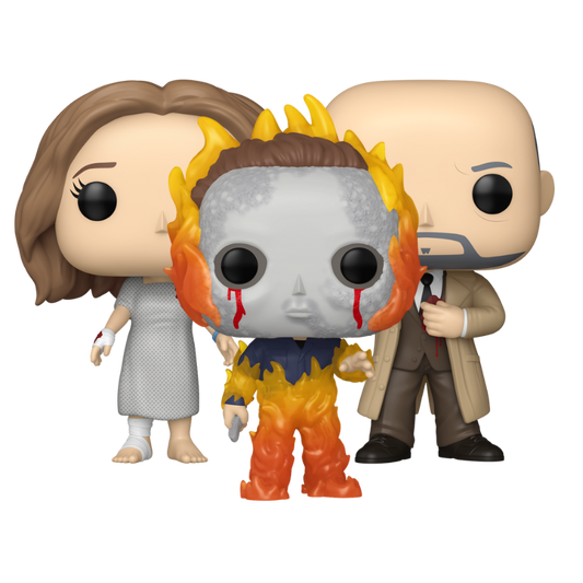Halloween II Funko Pop! set stock photo out-of-box featuring Michael Myers on Fire, Laurie Strode, and Dr. Samuel Loomis