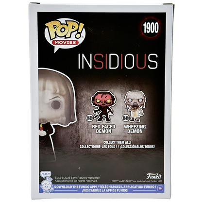 Back of box for Bride in Black Funko Pop! #1900 GameStop Exclusive signed by Lin Shaye