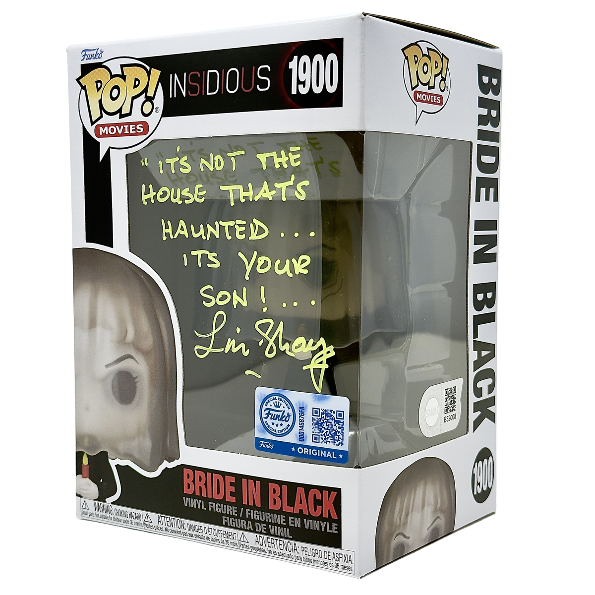 Front right angle in-box photo of Bride in Black Funko Pop! #1900 signed by Lin Shaye showing the autograph, GameStop Exclusive sticker, and box depth
