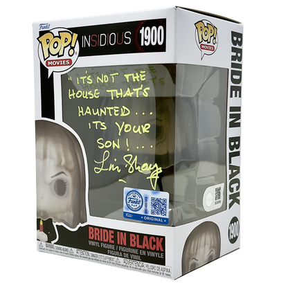 Front right angle in-box photo of Bride in Black Funko Pop! #1900 signed by Lin Shaye showing the autograph, GameStop Exclusive sticker, and box depth