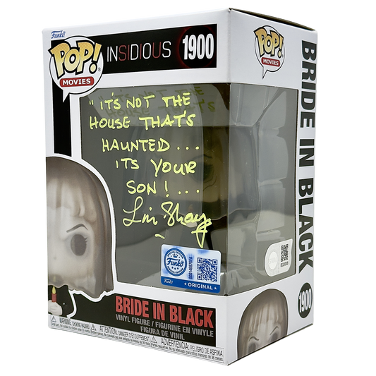 Front right angle in-box photo of Bride in Black Funko Pop! #1900 signed by Lin Shaye showing the autograph, GameStop Exclusive sticker, and box depth