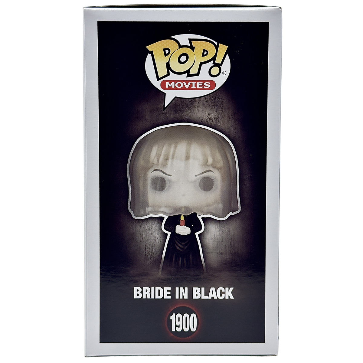 Left side of box for Bride in Black Funko Pop! #1900 GameStop Exclusive signed by Lin Shaye