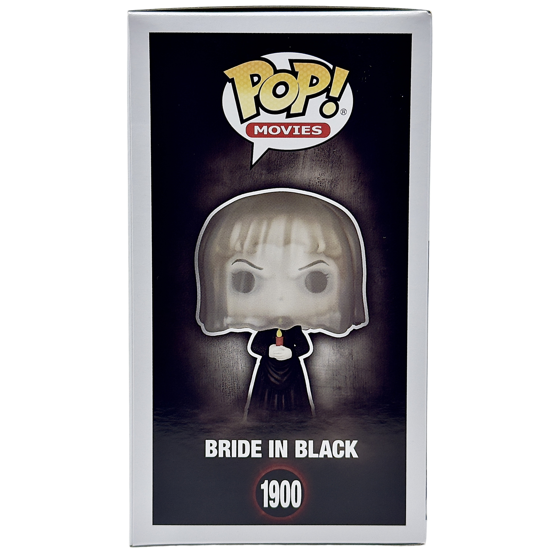 Left side of box for Bride in Black Funko Pop! #1900 GameStop Exclusive signed by Lin Shaye