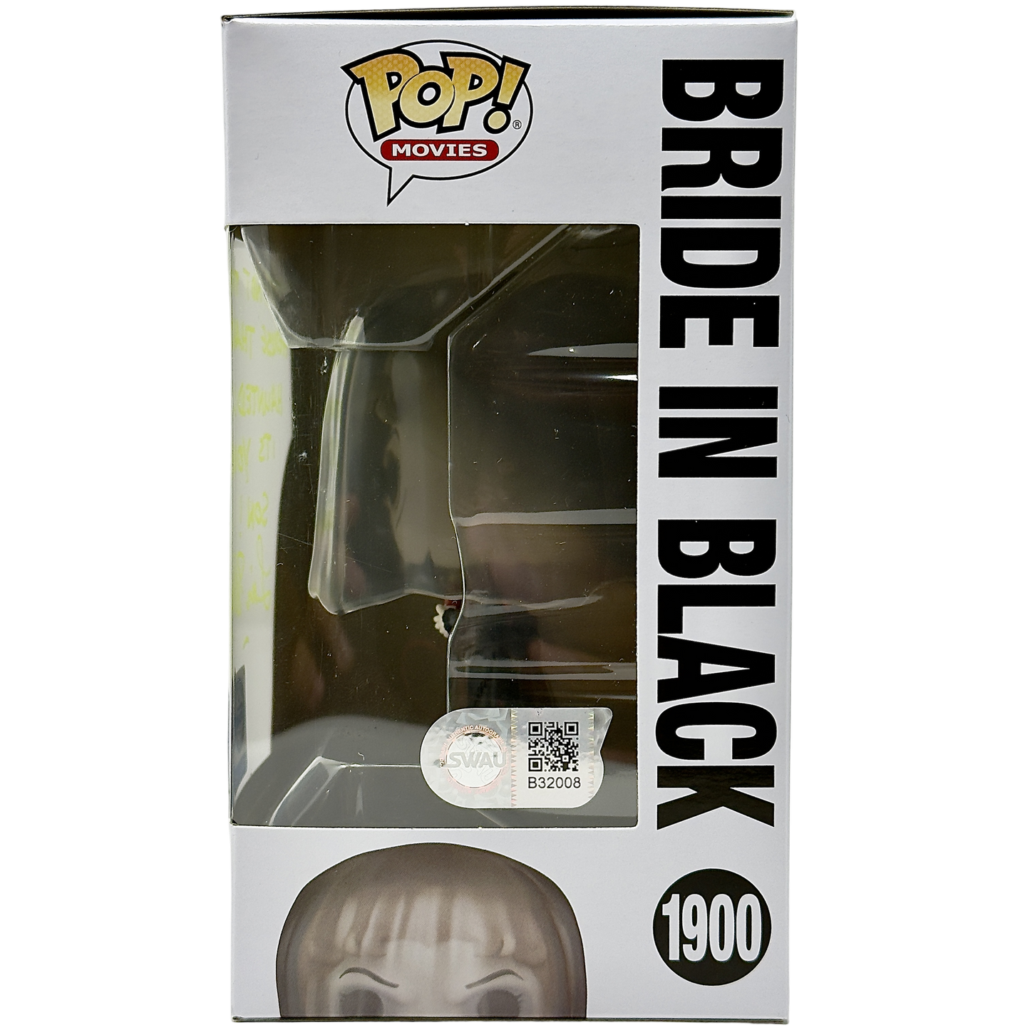 Right side of box for Bride in Black Funko Pop! #1900 GameStop Exclusive signed by Lin Shaye
