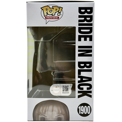 Right side of box for Bride in Black Funko Pop! #1900 GameStop Exclusive signed by Lin Shaye