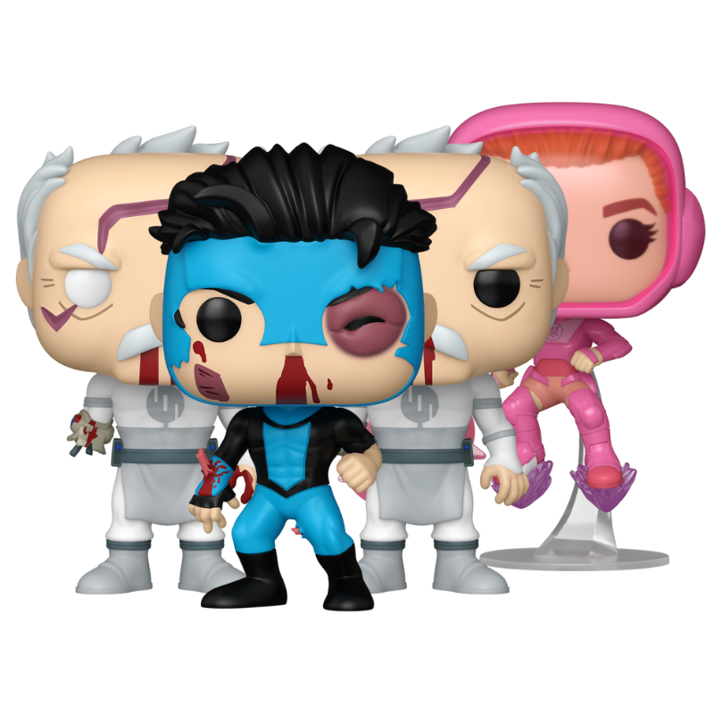 Invincible Funko Pop! set stock photo out-of-box Atom Eve Conquest Common Conquest Chase and Invincible
