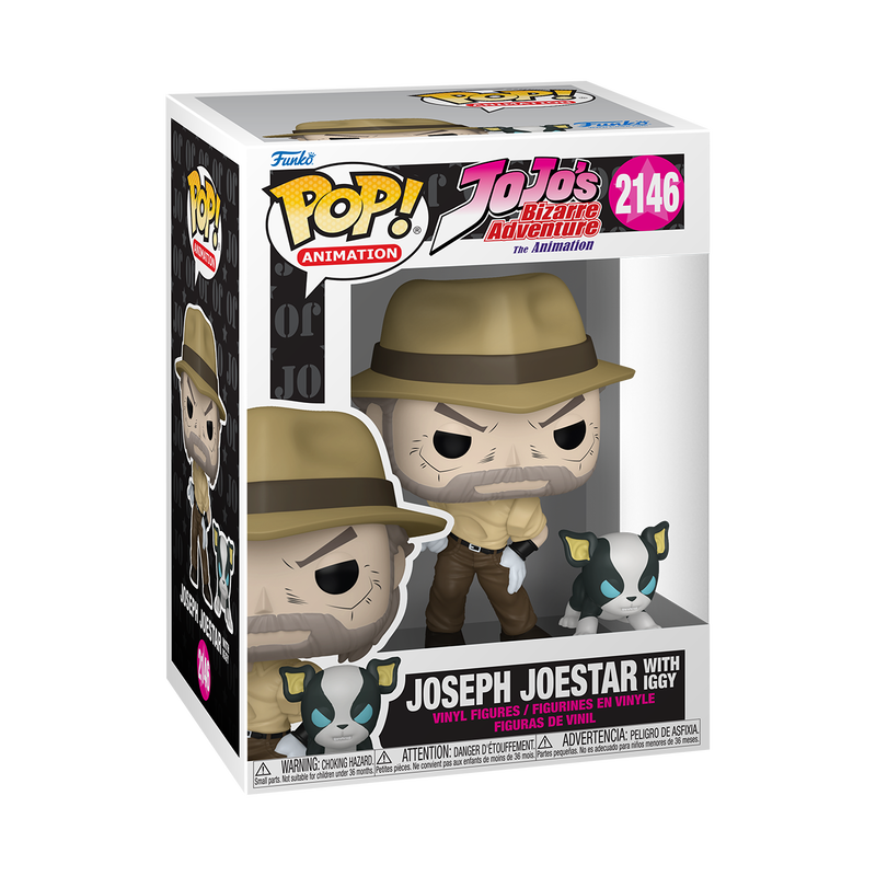 Joseph Joestar with Iggy Funko Pop! #2146 in box packaging from JoJo’s Bizarre Adventure