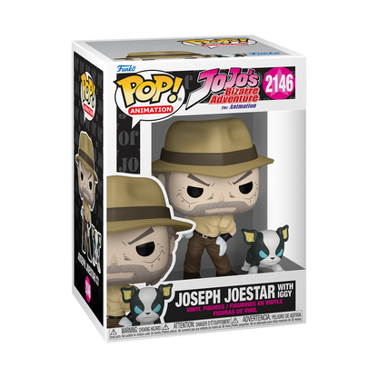 Joseph Joestar with Iggy Funko Pop! #2146 in box packaging from JoJo’s Bizarre Adventure