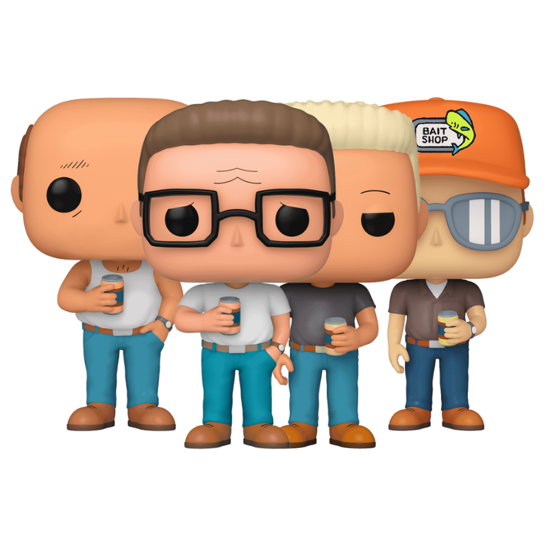 King of the Hill Funko Pop! collection bundle featuring Dale Gribble, Hank Hill, Bill Dauterive, and Boomhauer stock photo out-of-box