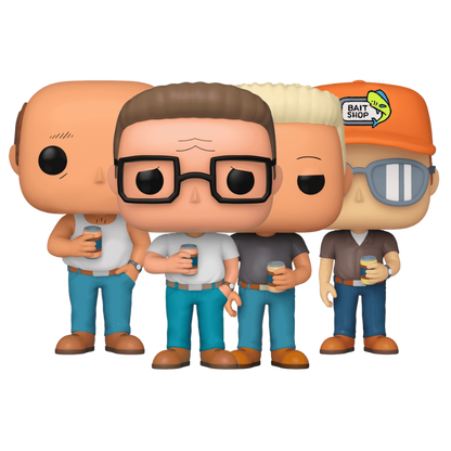 King of the Hill Funko Pop! collection bundle featuring Dale Gribble, Hank Hill, Bill Dauterive, and Boomhauer stock photo out-of-box