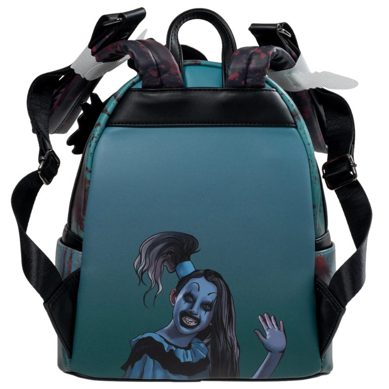 Loungefly Terrifier Art the Clown Blood Splatter Glow-in-the-Dark Mini-Backpack Entertainment Earth Exclusive full back view with straps
